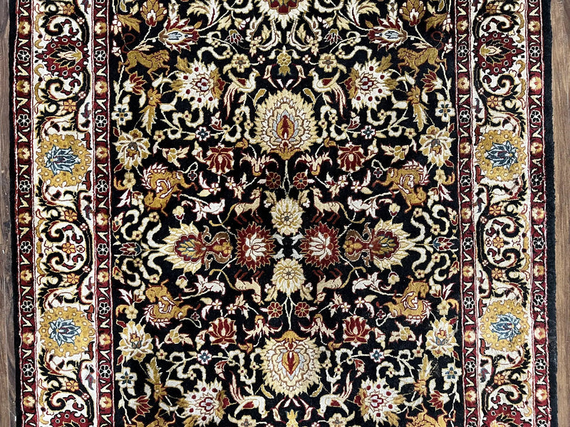 Sino Persian Silk Rug 3x5 Oriental Carpet 3 x 5 Fine Silk Rug, Black Ivory Gold, Animal Motifs, Flowers, High Quality, Vintage Silk Rug Wow by Jewel Rugs