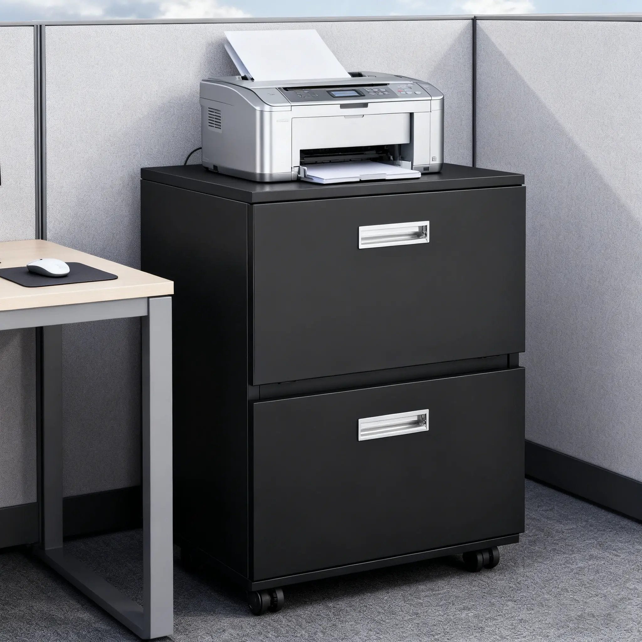 Office Furniture Copier Cabinet 2 Door Steel Copier Stand Mobile Pedestal File Printer Stand - Black by Unique Piece Furniture