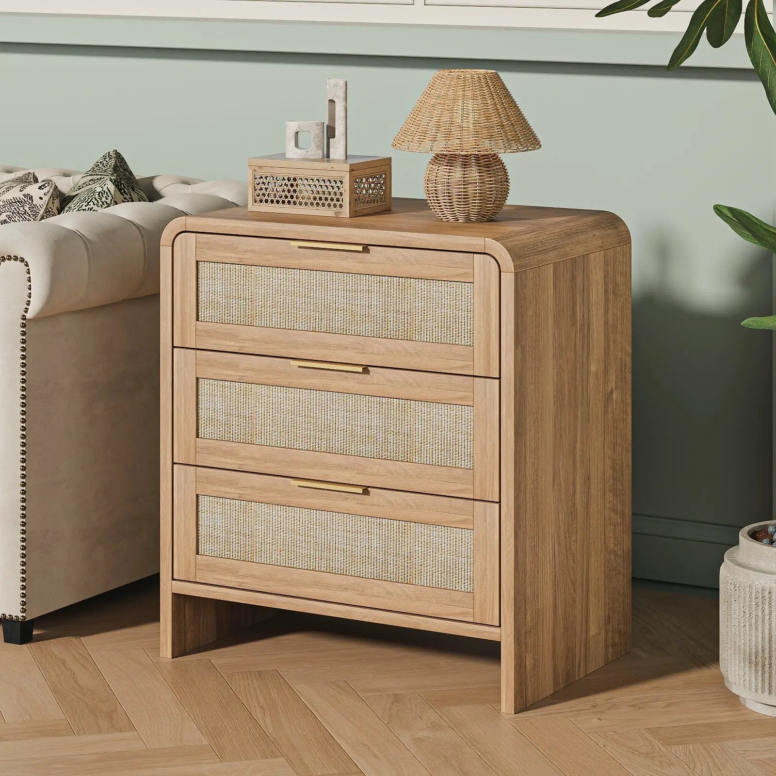 Rattan Nightstand Set of 2 with 3 Drawers in Caramel Oak by HouseOfZazla
