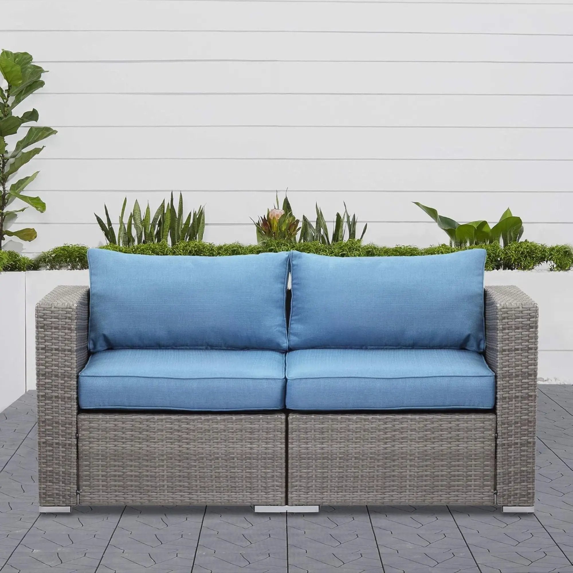 2 Piece Patio Loveseat Set With Thick Cushions, Outdoor Sectional Sofa For Balcony - Blue / Brown by HouseOfZazla