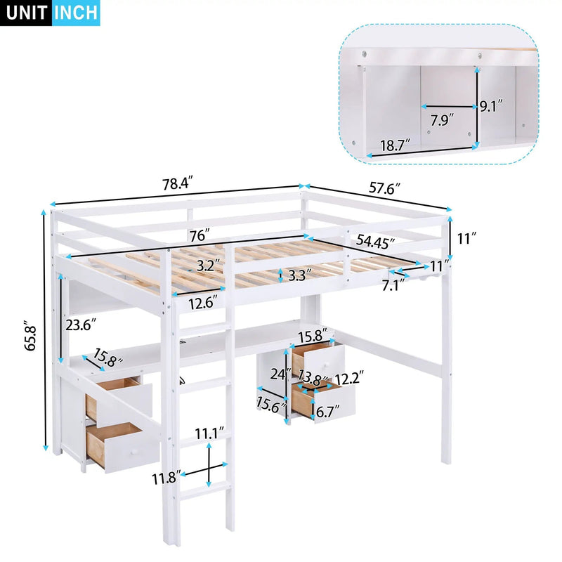 Full Size Loft Bed With Desk, Cabinets, Drawers, Charging Station And Bedside Tray, Sturdy Frame, No Box Spring Required - White by HouseOfZazla