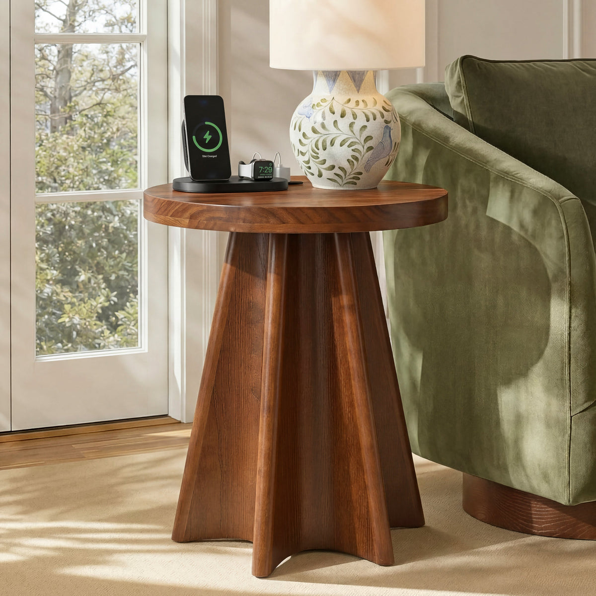 Flower Shaped Solid Pine Round Side Table with Artistic Petal Base - Walnut