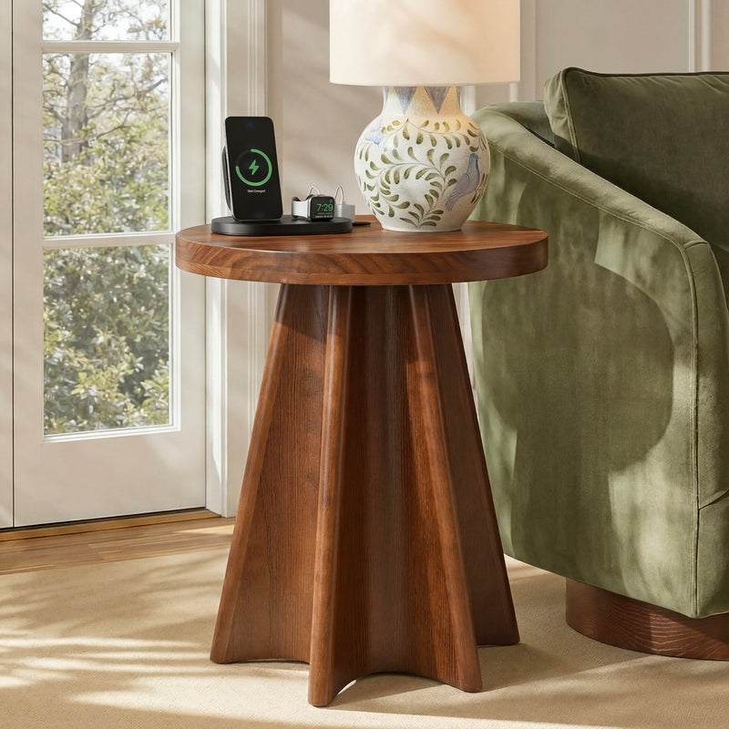 Flower Shaped Solid Pine Round Side Table with Artistic Petal Base - Walnut