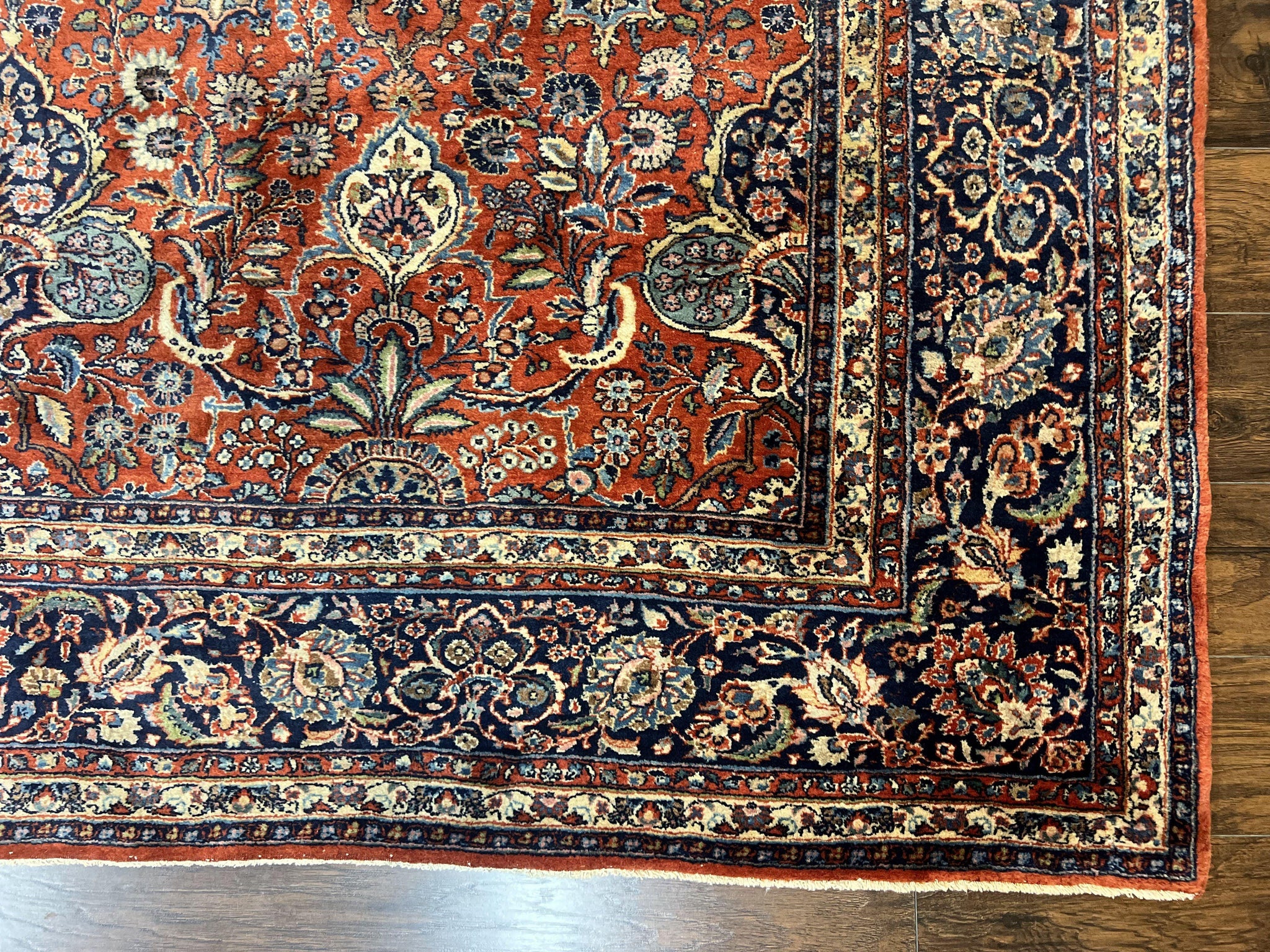 Persian Sarouk Rug 9x12, Red and Dark Blue Floral Allover Antique Persian Carpet, Handmade Wool Qazvin Rug by Jewel Rugs