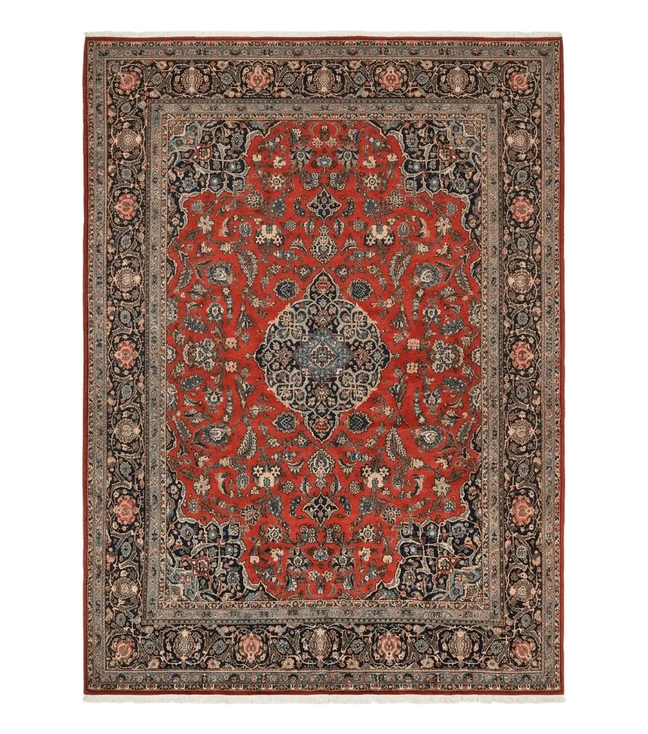 Red Persian Kashan Rug 10x14, Hand-Knotted Semi Antique Floral Medallion Handmade Wool Carpet, Red & Navy Blue by Jewel Rugs