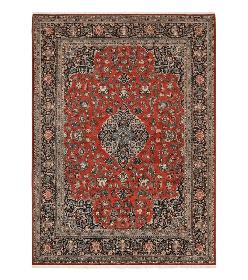 Red Persian Kashan Rug 10x14, Hand-Knotted Semi Antique Floral Medallion Handmade Wool Carpet, Red & Navy Blue by Jewel Rugs