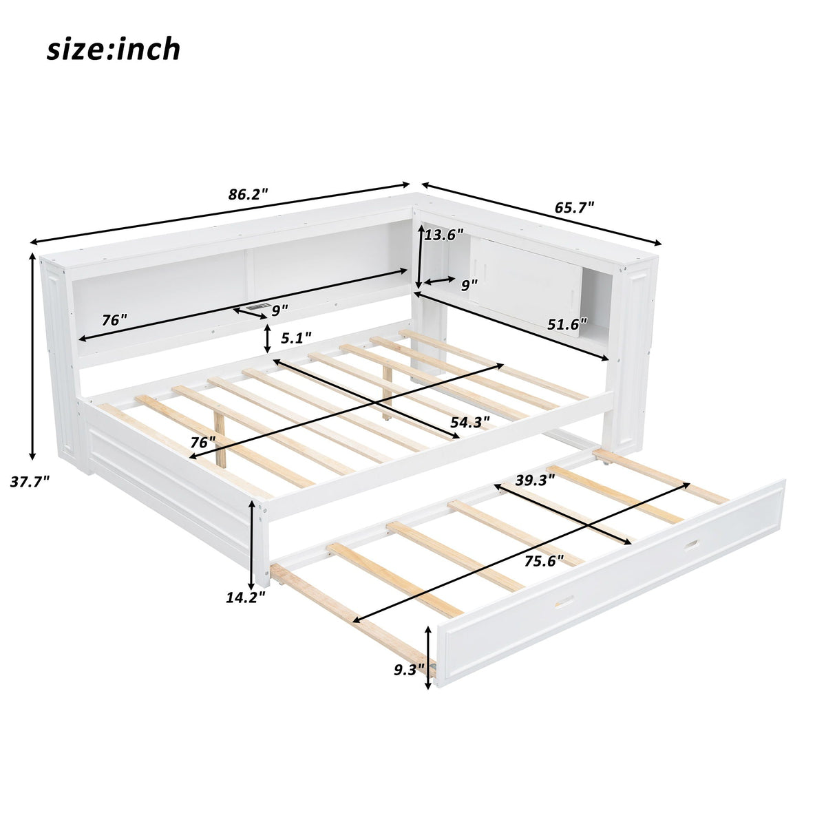 Full Size Daybed with Storage Shelves and Trundle - Dark Brown or White, photo 15 of 28