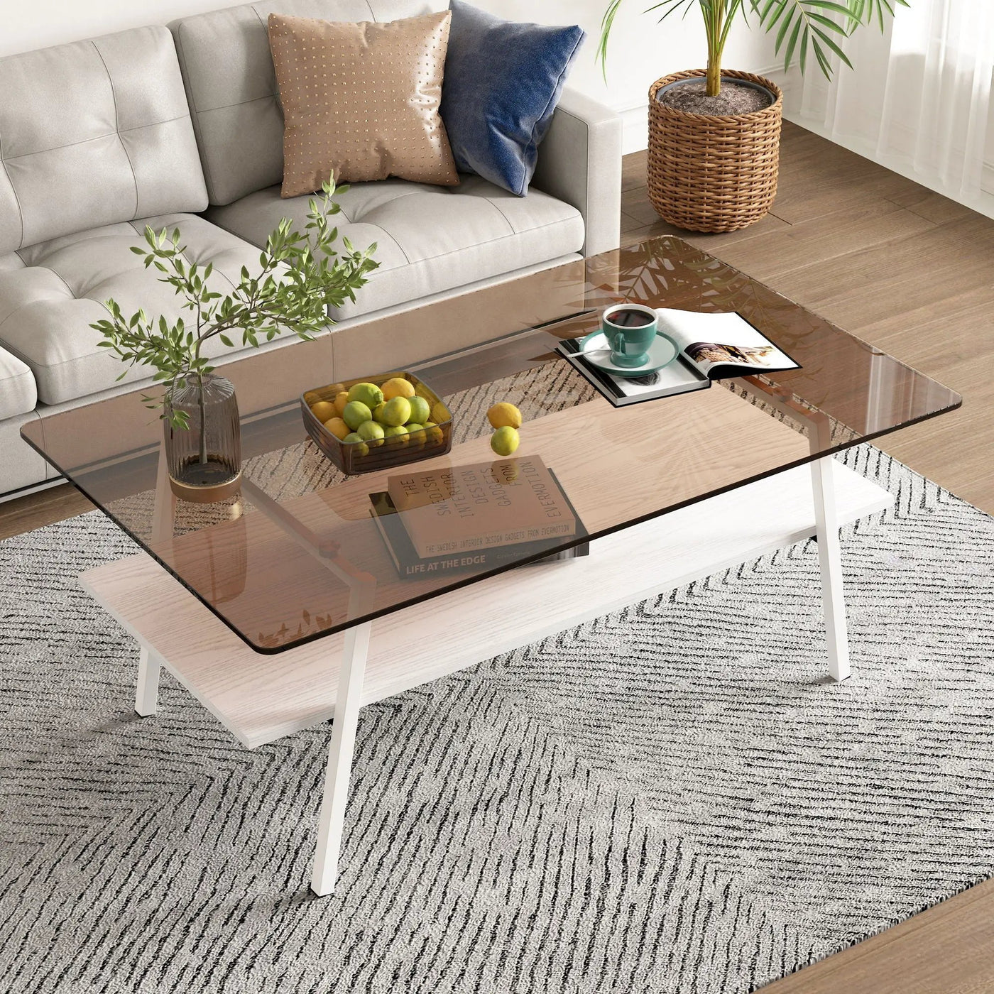 Rectangle Coffee Table, Tempered Glass Tabletop Modern Table For Living Room by HouseOfZazla