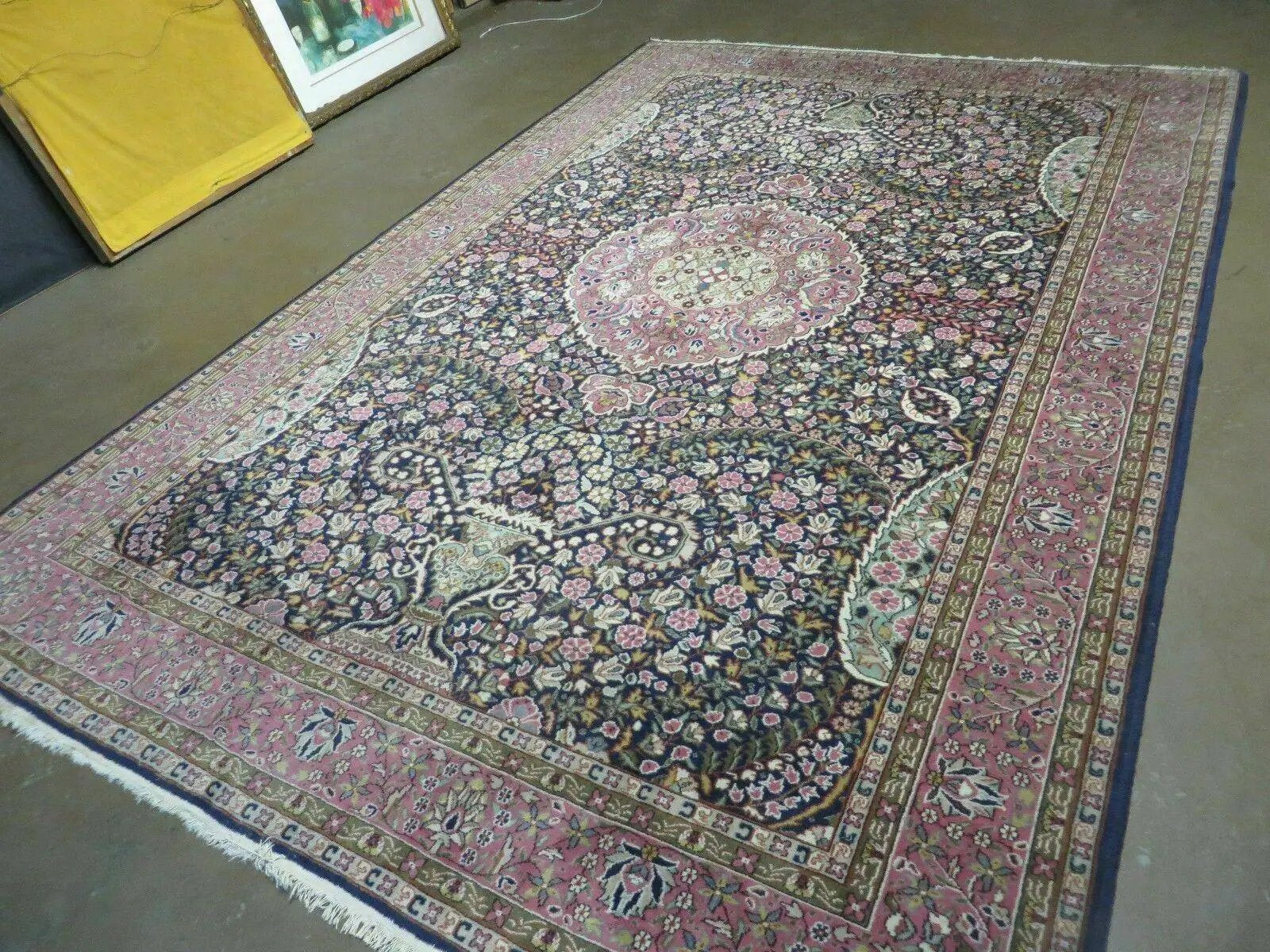 Turkish Sivas Rug 7x11, Navy Blue & Pink, Millifluer Floral Wool Carpet, Vintage by Jewel Rugs