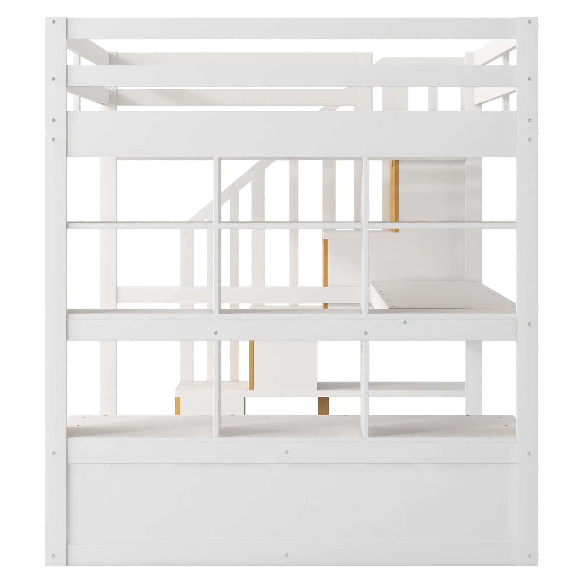Full Size Loft Bed With Desk And Shelves, 2 Built In Drawers, Storage Staircase - White by HouseOfZazla