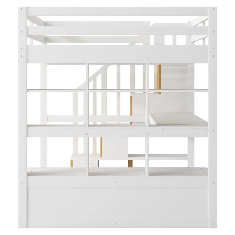 Full Size Loft Bed With Desk And Shelves, 2 Built In Drawers, Storage Staircase - White by HouseOfZazla