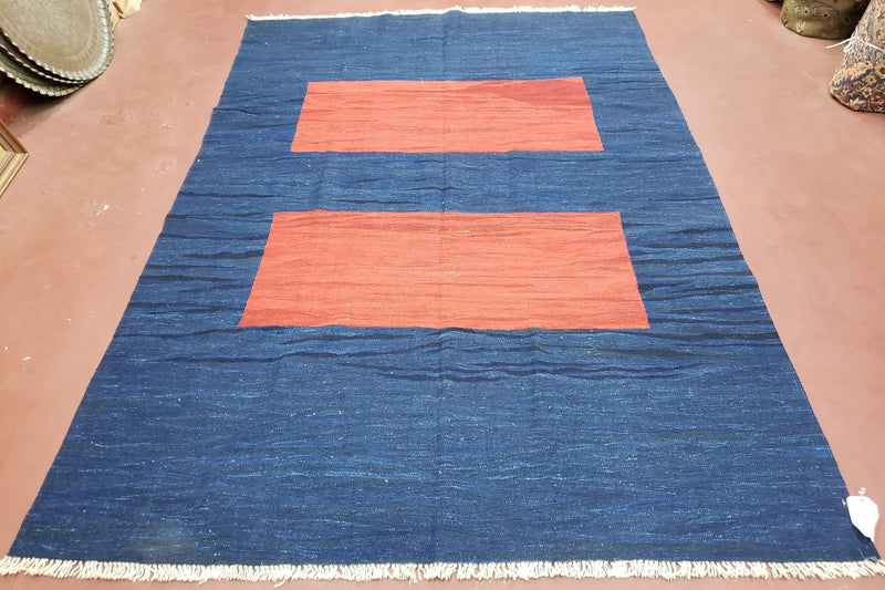 Blue and Red Turkish Kilim Rug, New 6x9 - 7x10 Flatweave Area Rugs, Hand Woven, Wool Handmade Oriental Kilim Abstract Modern Boho, Minimal by Jewel Rugs