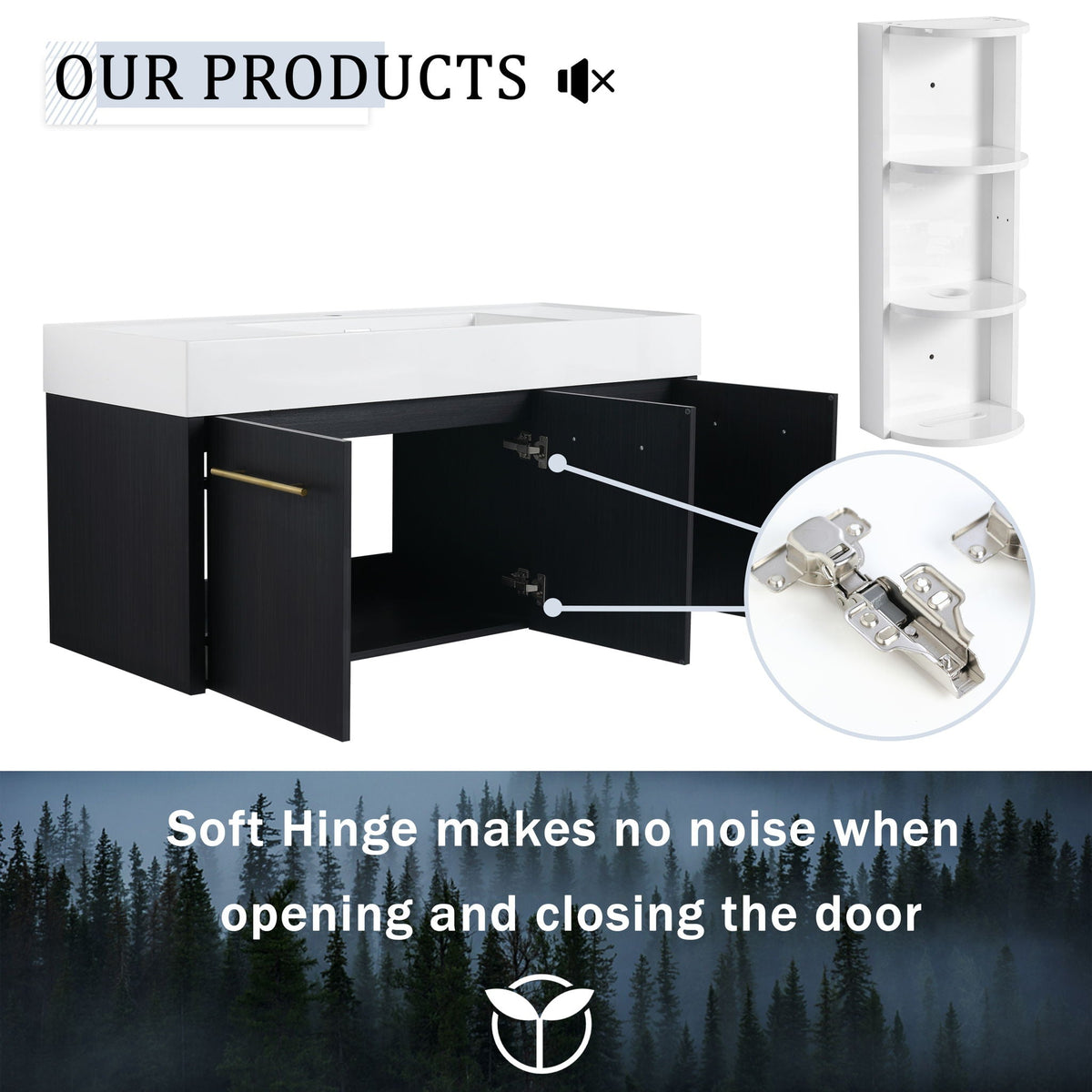 Modern Wall Mounted Bathroom Vanity With Thick Edge Resin Sink And Storage Rack, photo 16 of 21
