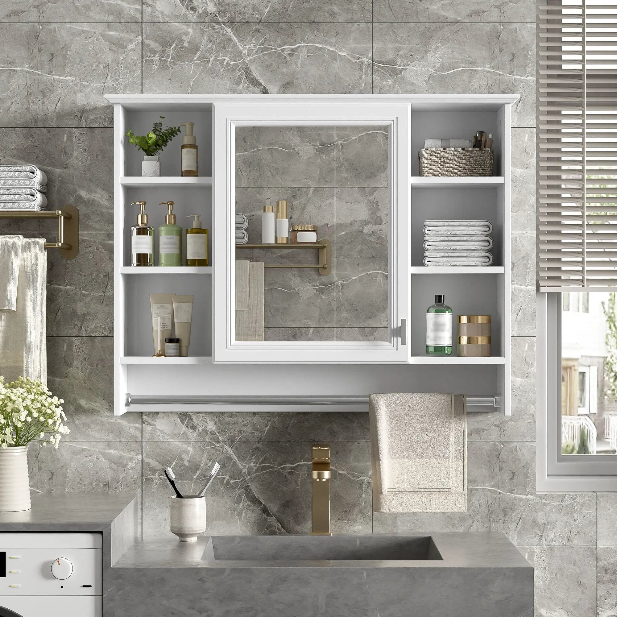 Modern Wall Mounted Mirror Cabinet With Adjustable Shelf, Soft Close Door, And Towel Bar by Unique Piece Furniture