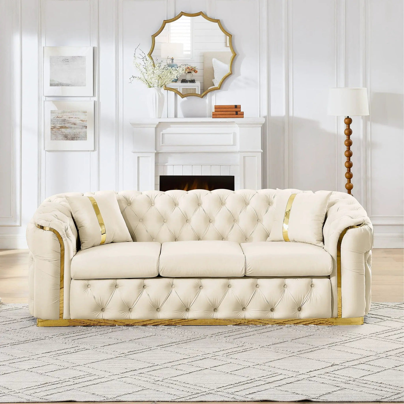 Button Tufted Couch With 2 Pillows, 3 Seater Luxury Chesterfield Sofa by Unique Piece Furniture