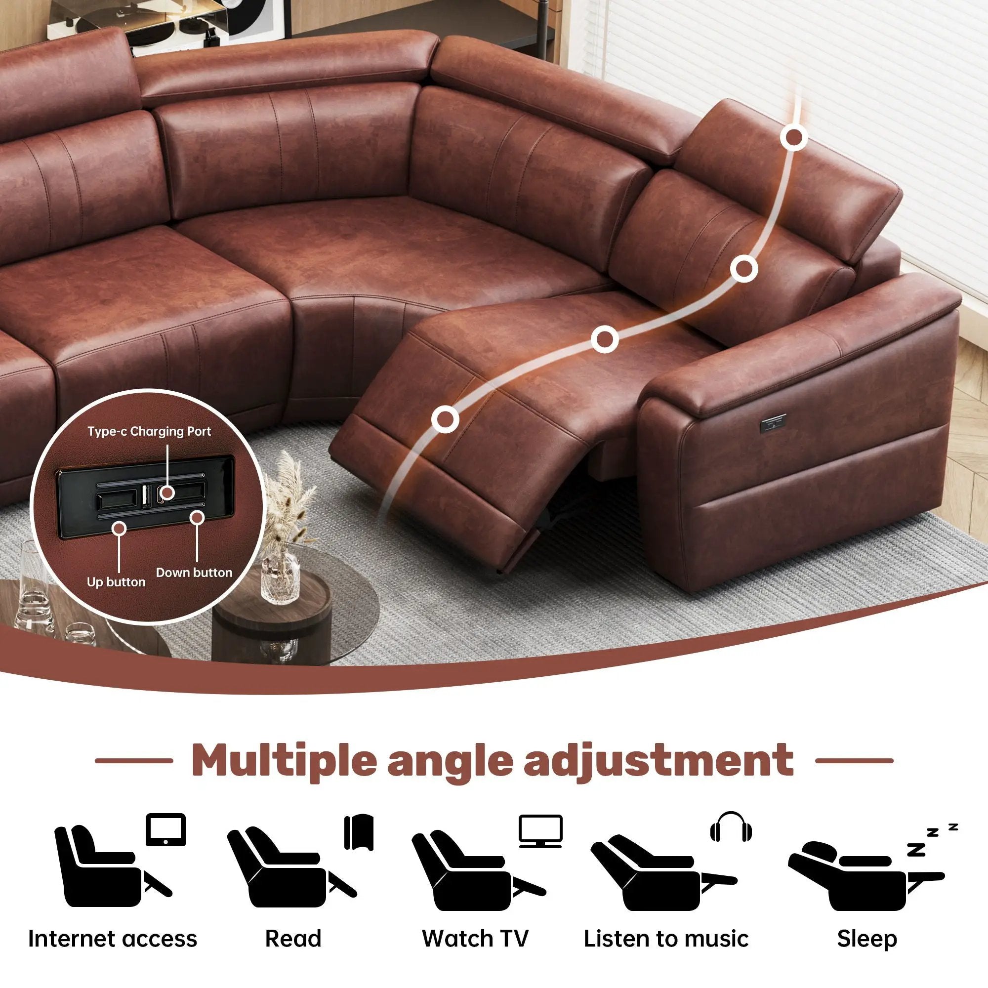 6 Piece Modular Sectional Sofa With 2 Cup Holders, Adjustable Recliners - Dark Brown by HouseOfZazla