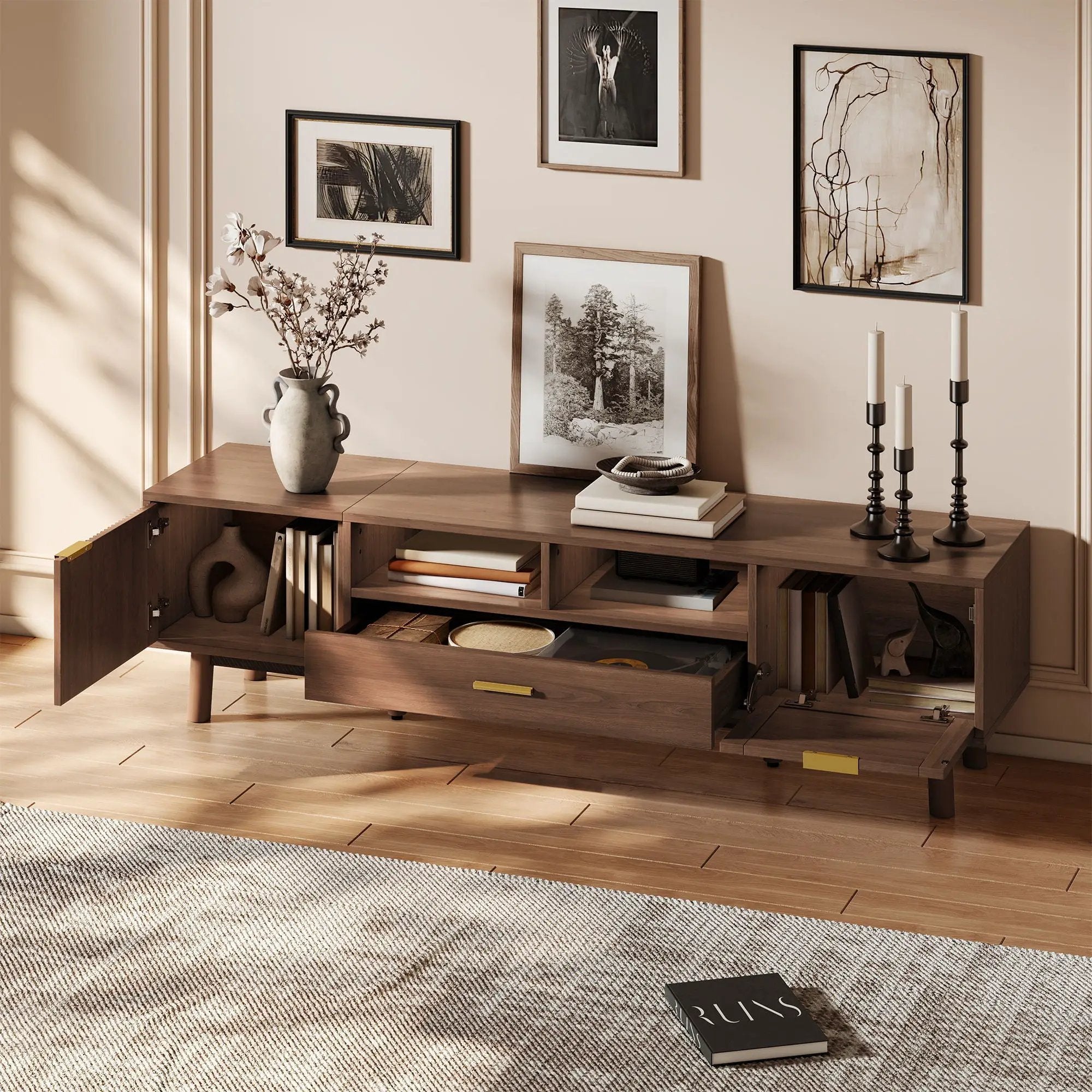 TV Stand For 75" TVs With Soft Closing Doors, Console With Accents And Drop Down Cabinet - Dark Brown by Unique Piece Furniture