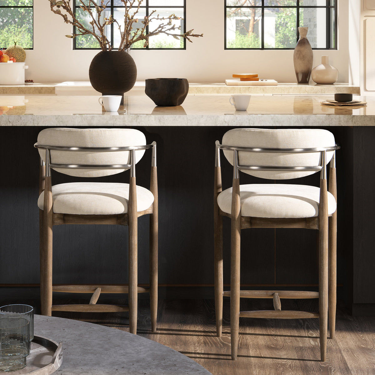 Artemis 26" Mixed Material Upholstered Counter Stool with Solid Rubberwood Frame - Warm, photo 3 of 10