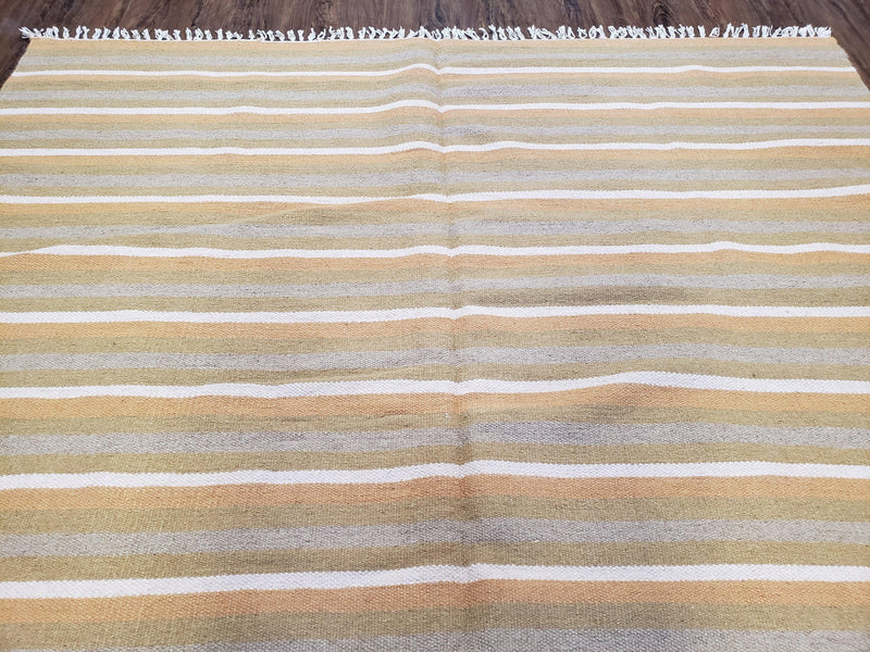 New Indian Kilim Area Rug, 6x8 - 7x8 South American Style Blanket, Striped Indian Wool Hand-Woven Flat Weave 6x9 Bedroom Rug, Ivory Ochre by Jewel Rugs