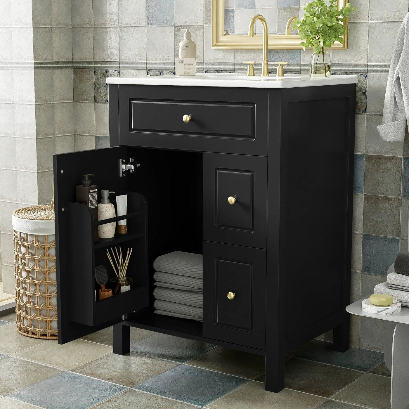 Elegant Bathroom Vanity With Ceramic Sink, Soft Close Doors And Drawers, Double Storage Racks by HouseOfZazla