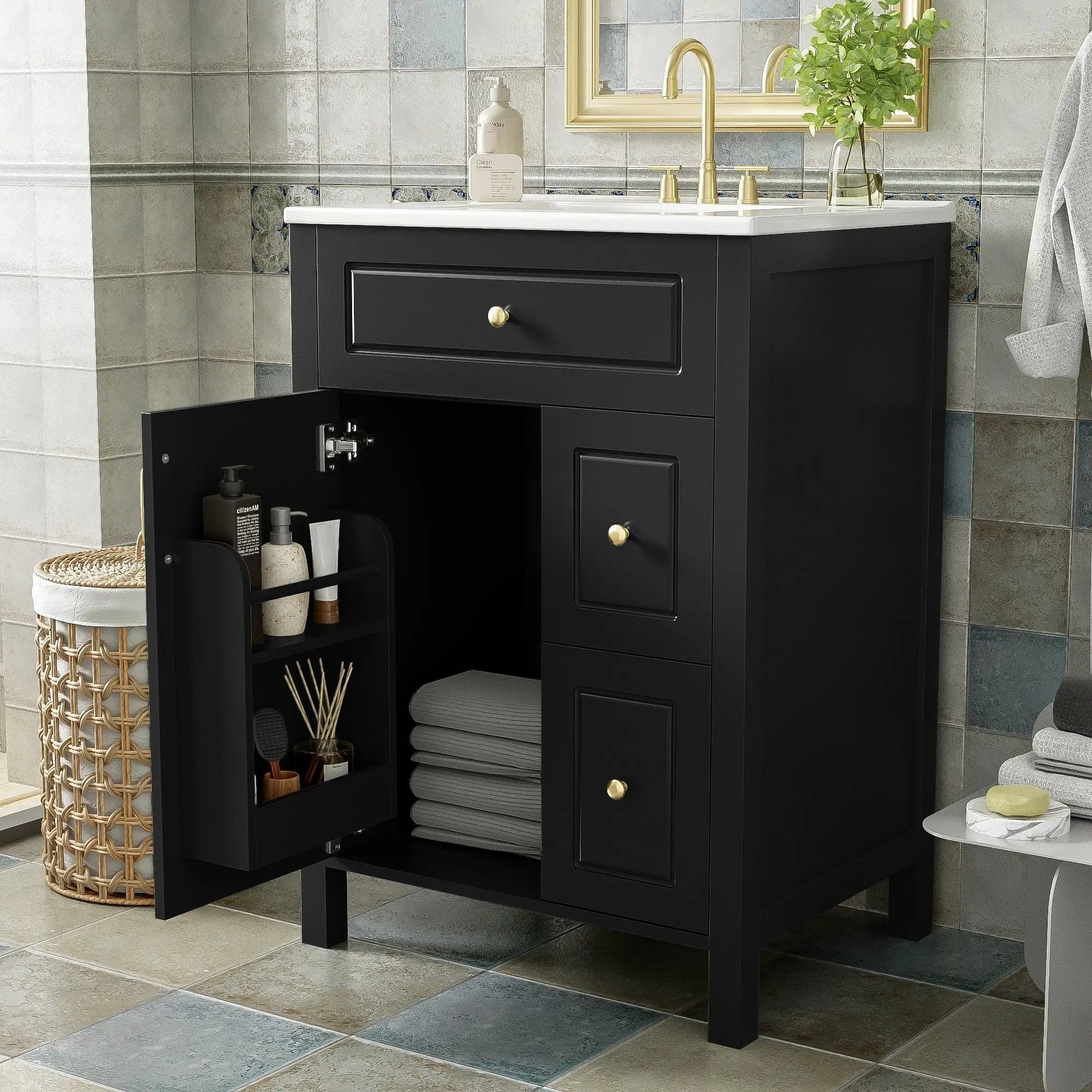 Elegant Bathroom Vanity With Ceramic Sink, Soft Close Doors And Drawers, Double Storage Racks by Unique Piece Furniture