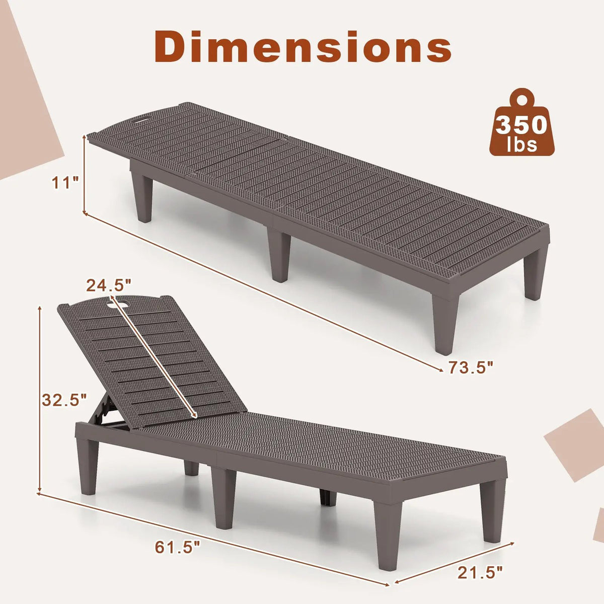 Outdoor PP Chaise Lounge Chairs Set of 2 with 4-Position Adjustable Backrests by DirectDeals