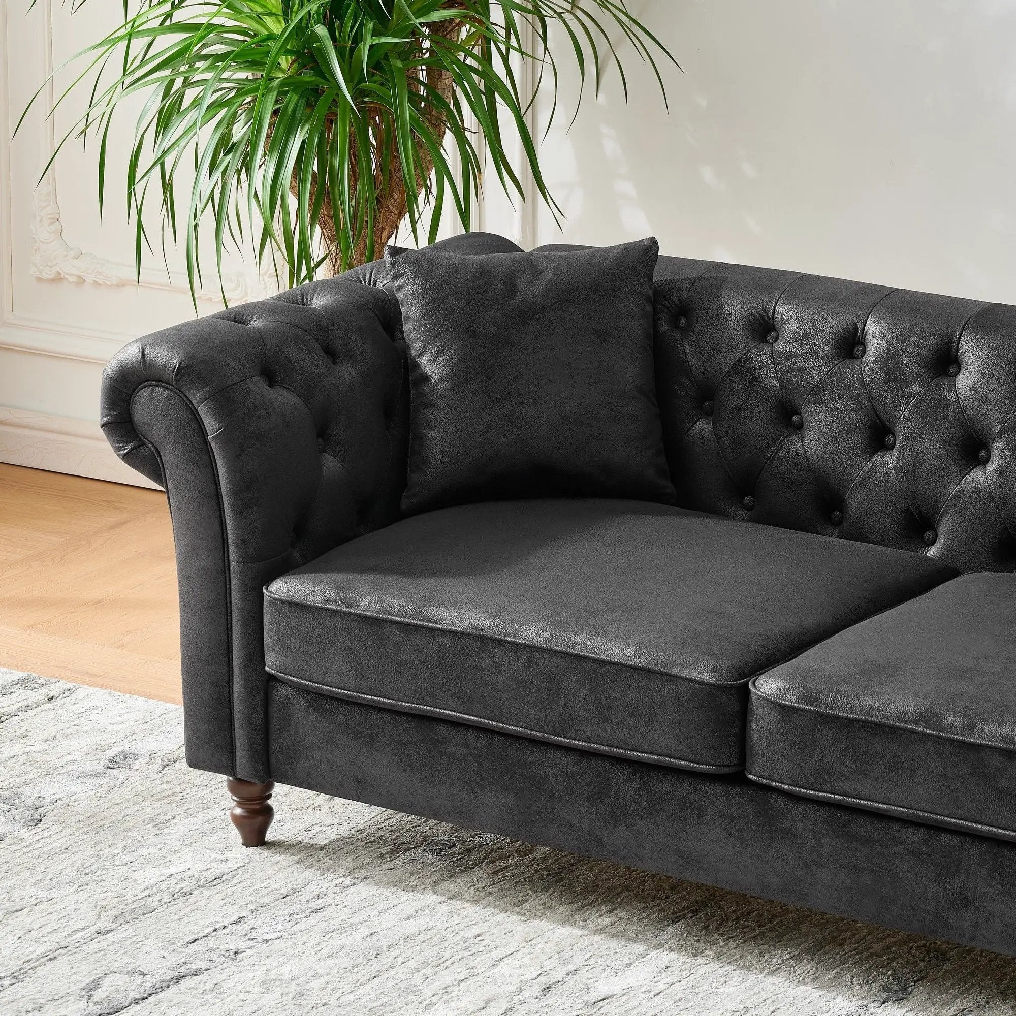Chesterfield Sofa, High Tech Fabric Roll Armrest, 3 Seater Couch - Black by Unique Piece Furniture
