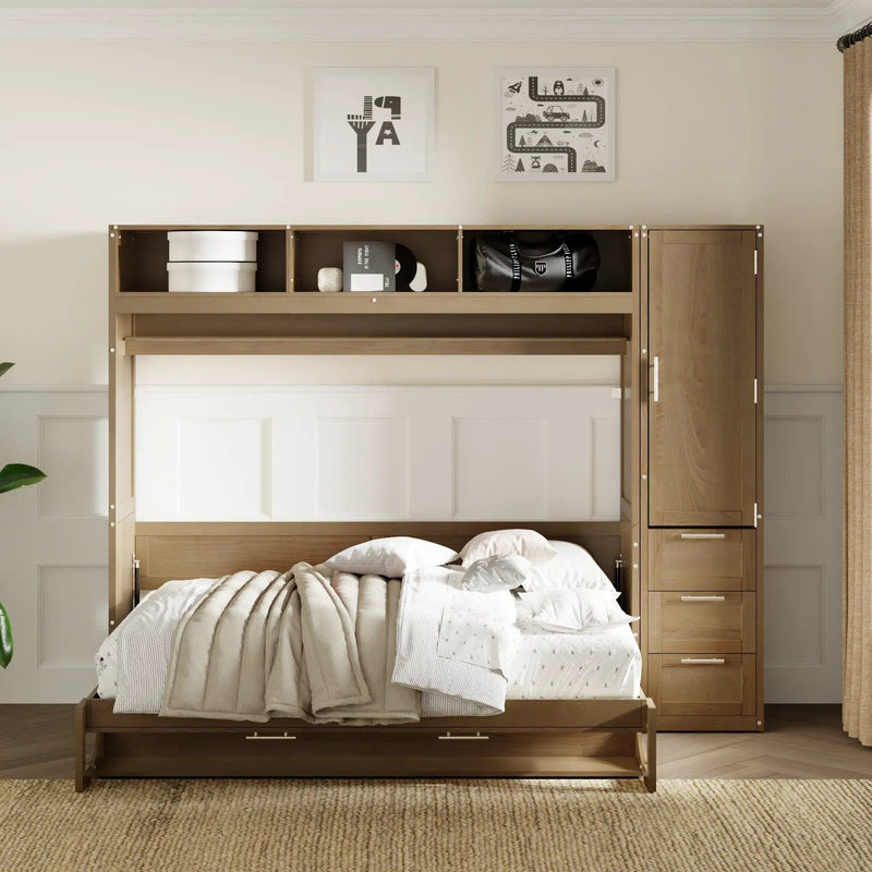 Full Size Murphy Bed With Wardrobe, Drawers, And Open Shelves - Wood by HouseOfZazla
