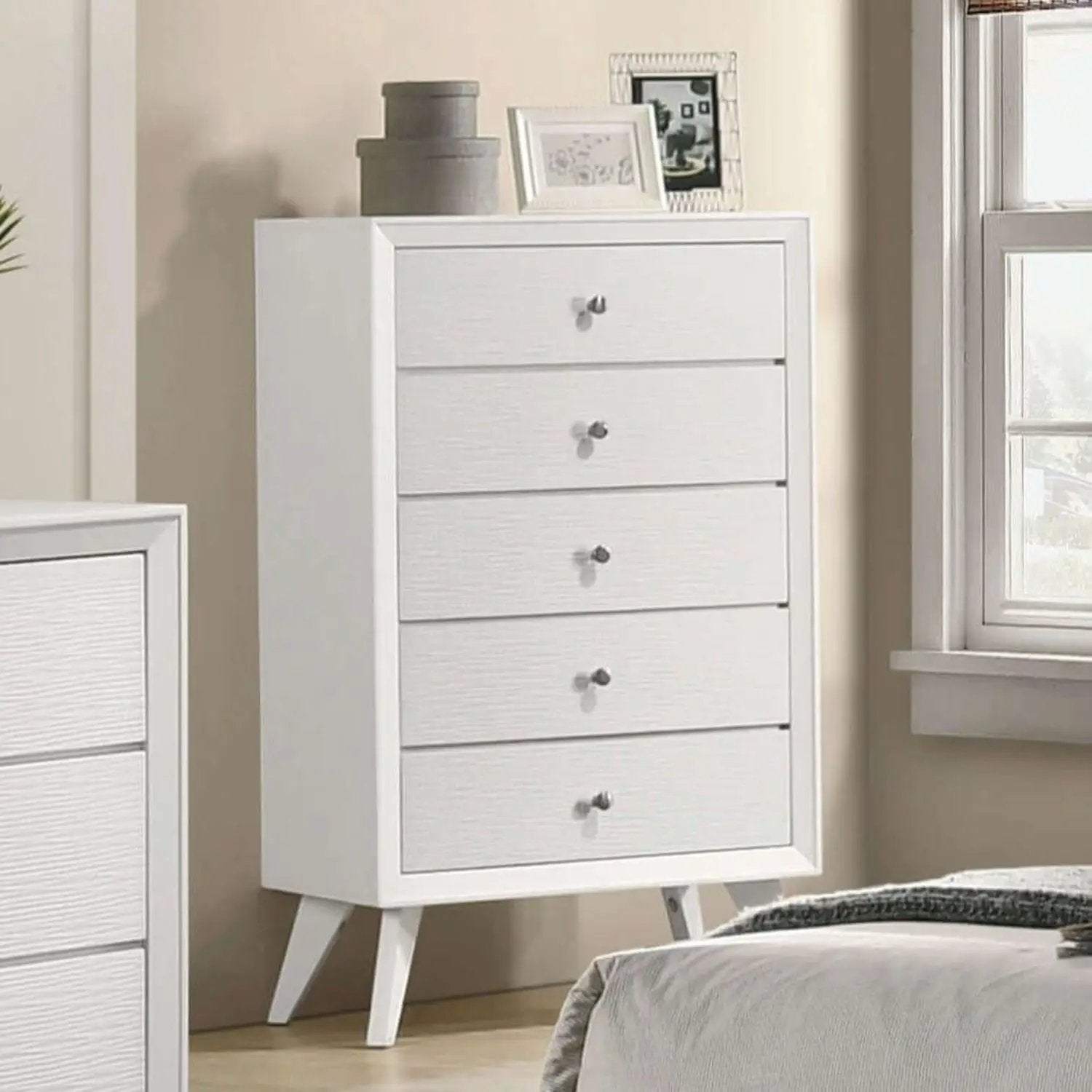 1 Piece Chest With Angled Legs, Wave Texture, Round Knobs - White by Unique Piece Furniture