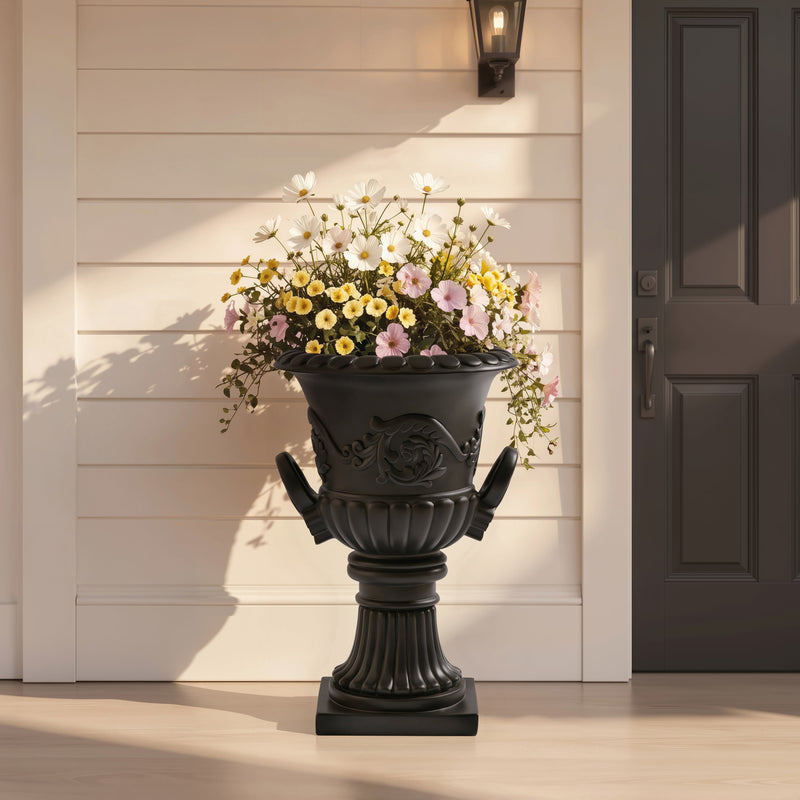 Classical Roman Pedestal Urn Decorative Outdoor Planter with Embossed Floral – Black
