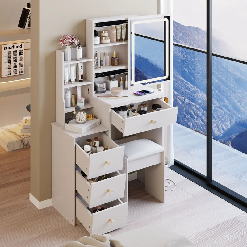 Cabinet Vanity Table & Cushioned Stool, USB Power Station, Hair Dryer Bracket - White by HouseOfZazla
