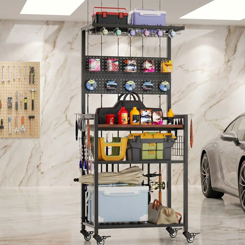 Fishing Rod Storage Rack With Pegboard, Rolling Tackle Organizer Cart - Black by HouseOfZazla
