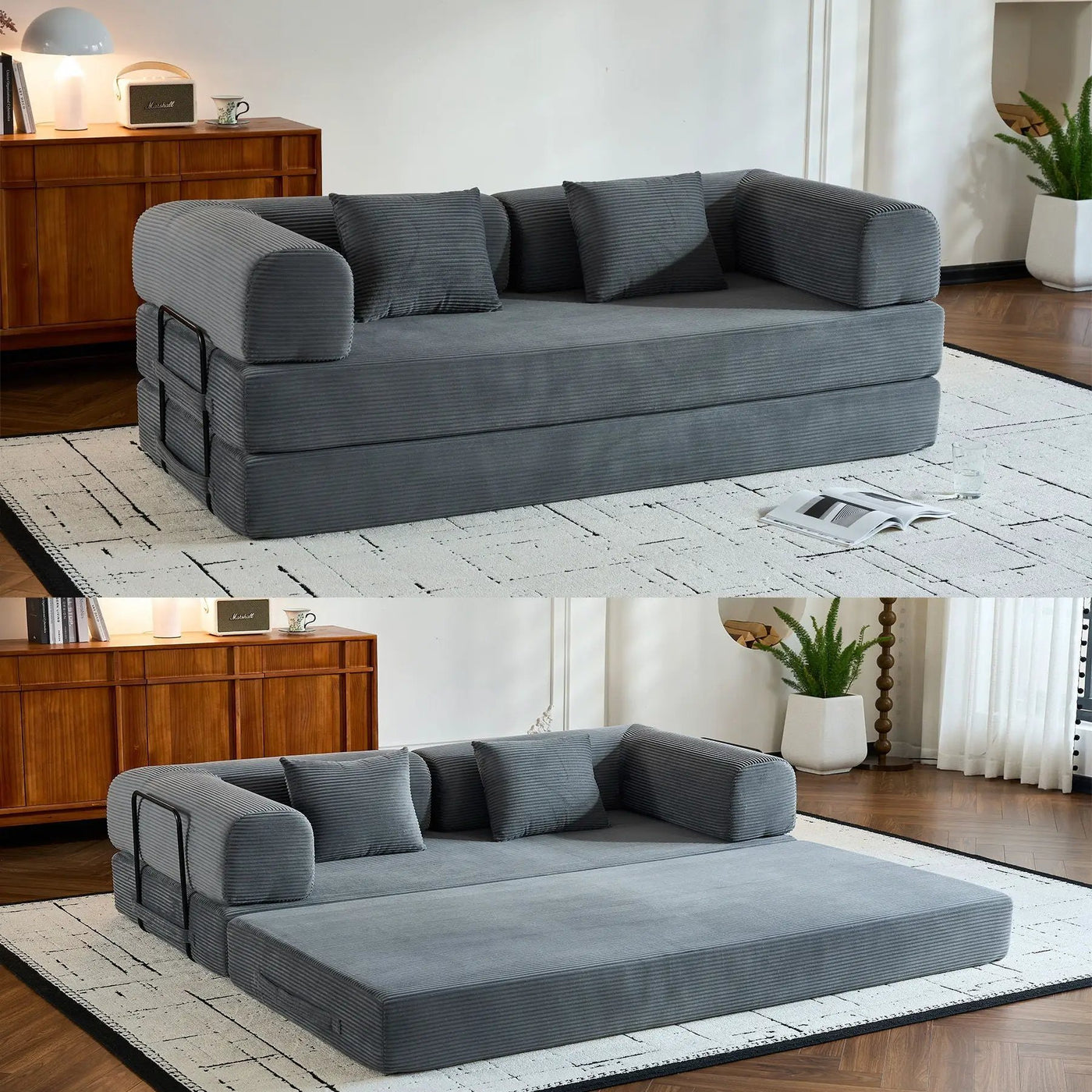 Convertible Sleeper Sofa Bed With Cylindrical Pillow, With Fixed Shape Frame by HouseOfZazla