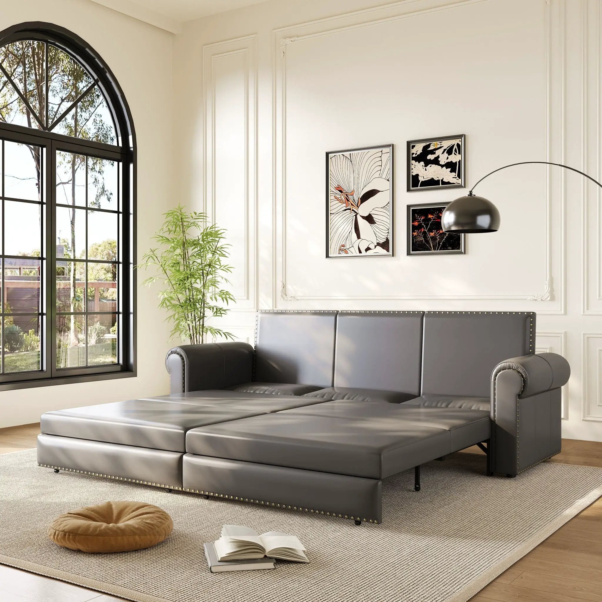 3 In 1 Convertible Sleeper Sofa With Nailhead Trim & Rolled Arm