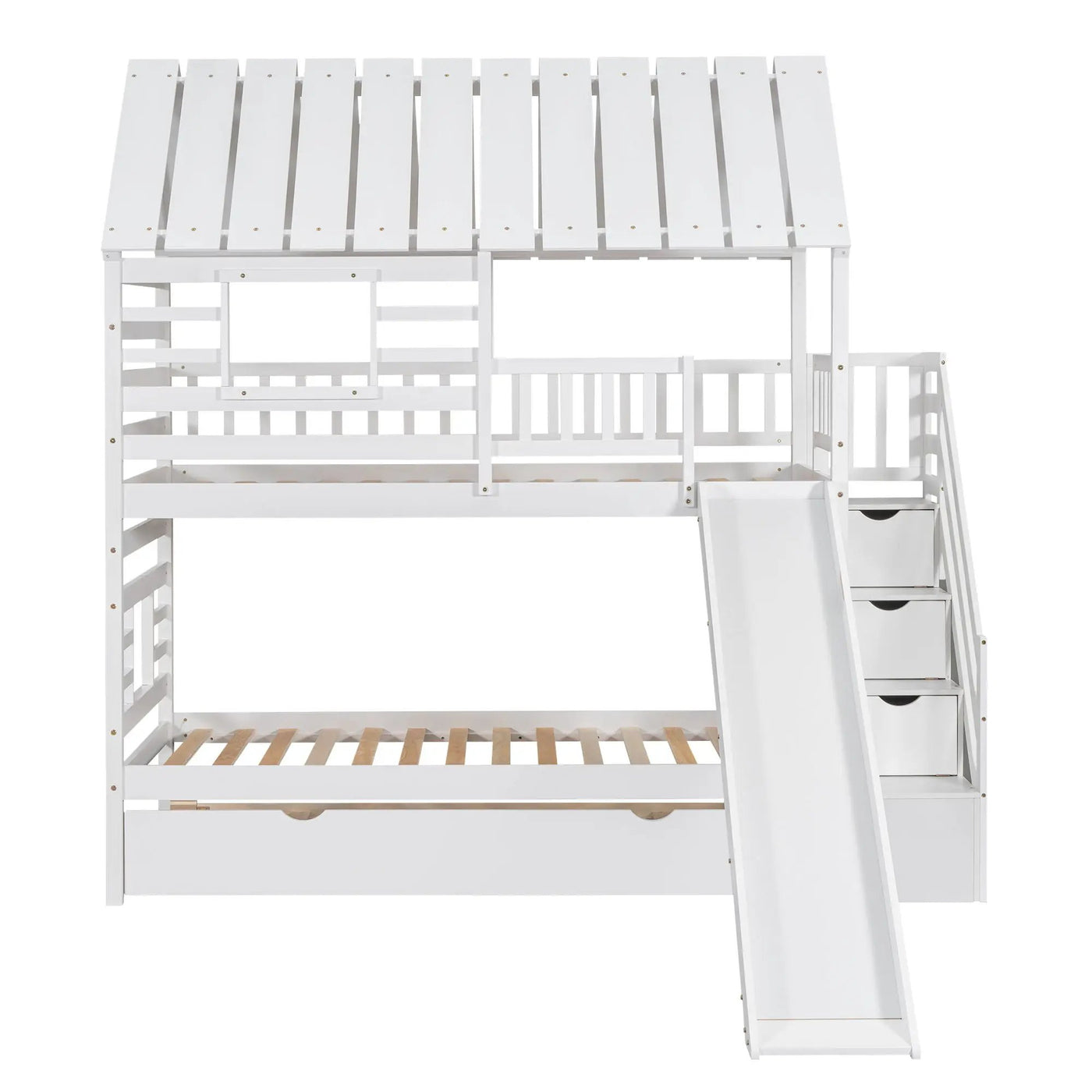 House Bunk Bed With Trundle, Storage Staircase, Roof And Window Design by HouseOfZazla