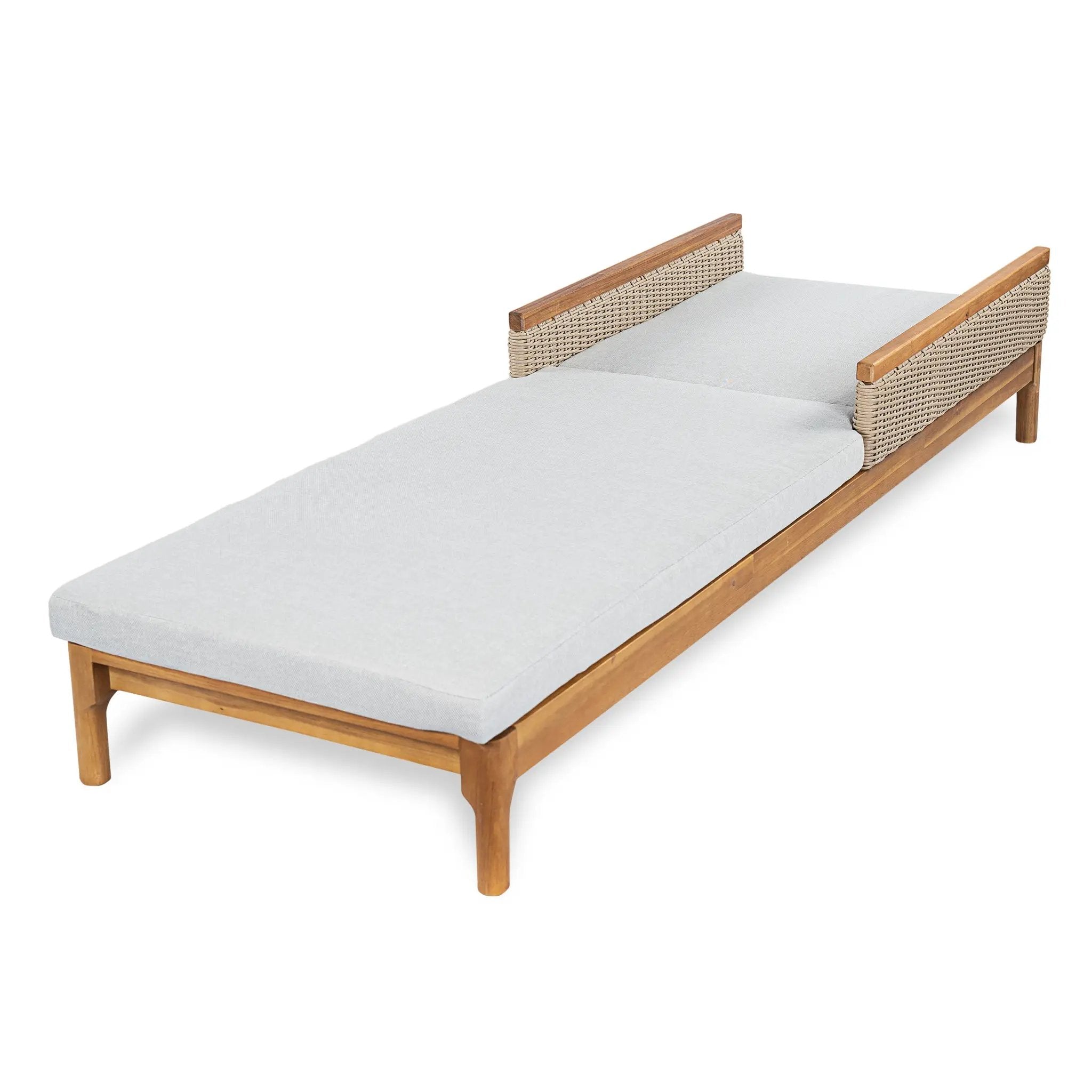 Solid Acacia Wood Sun Lounger with Grey Cushions and Light Grey Wicker by HouseOfZazla