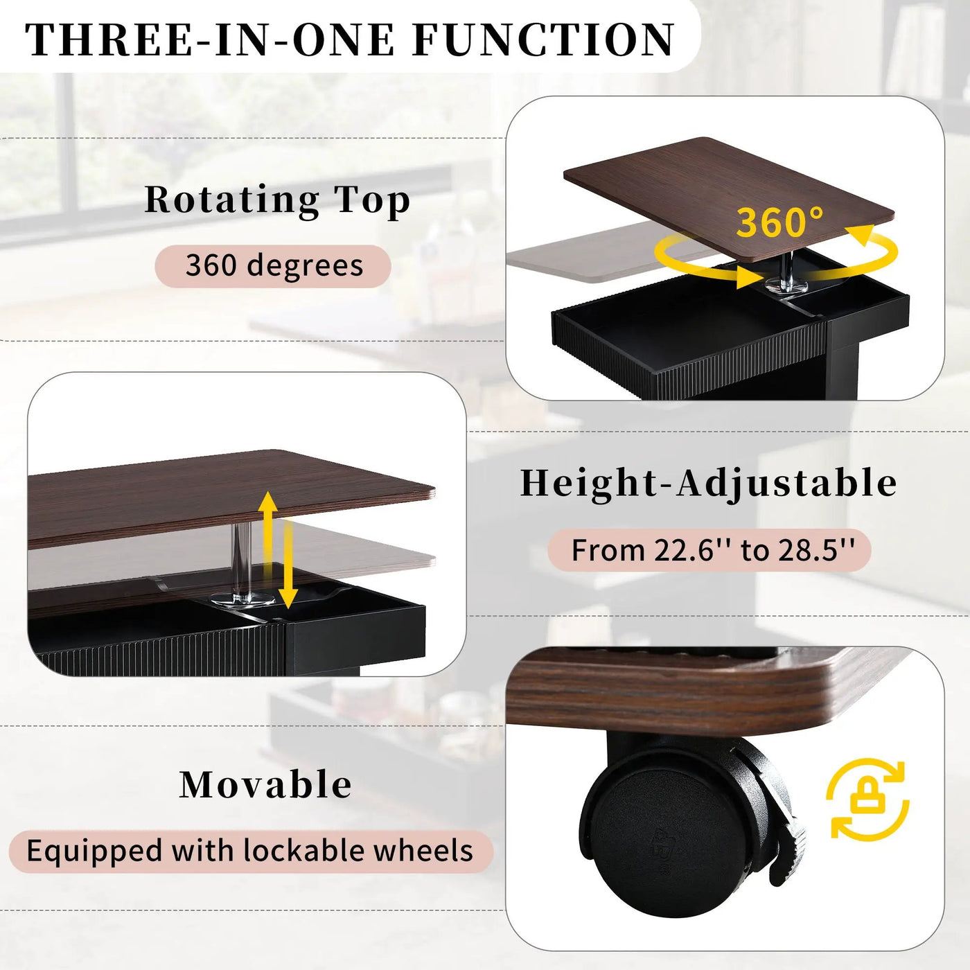 Adjustable End Table With Wheels, 360°Rotating Top And Storage Space by HouseOfZazla