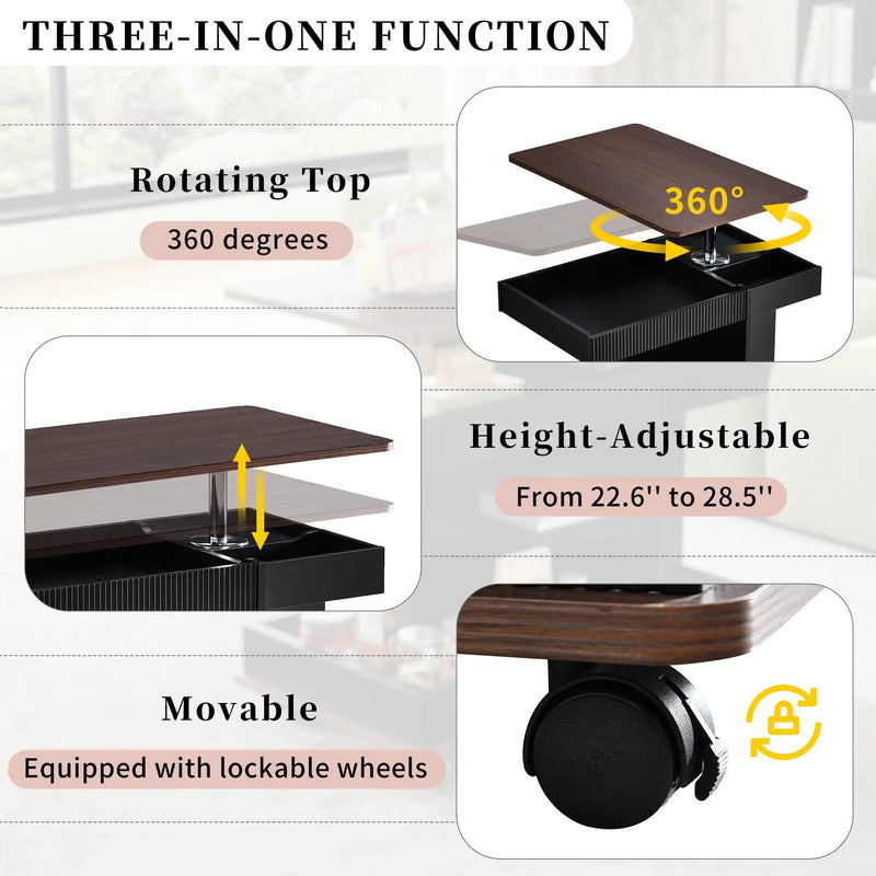 Adjustable End Table With Wheels, 360°Rotating Top And Storage Space by Unique Piece Furniture