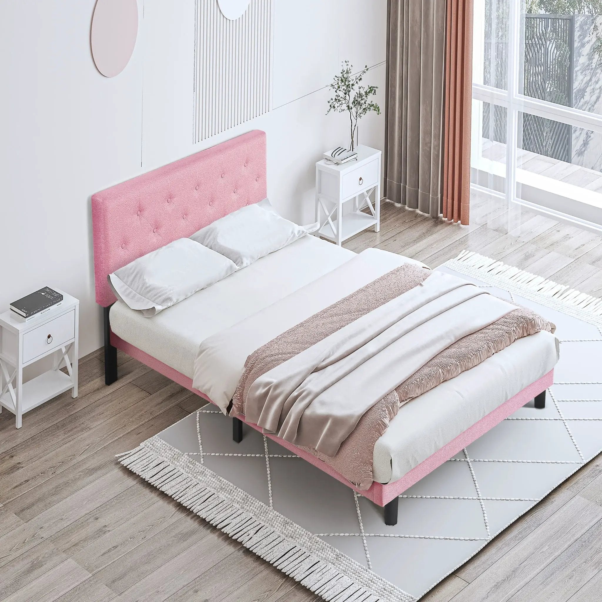 Modern Upholstered Platform Bed Frame With Button Tufted Fabric Headboard by Unique Piece Furniture