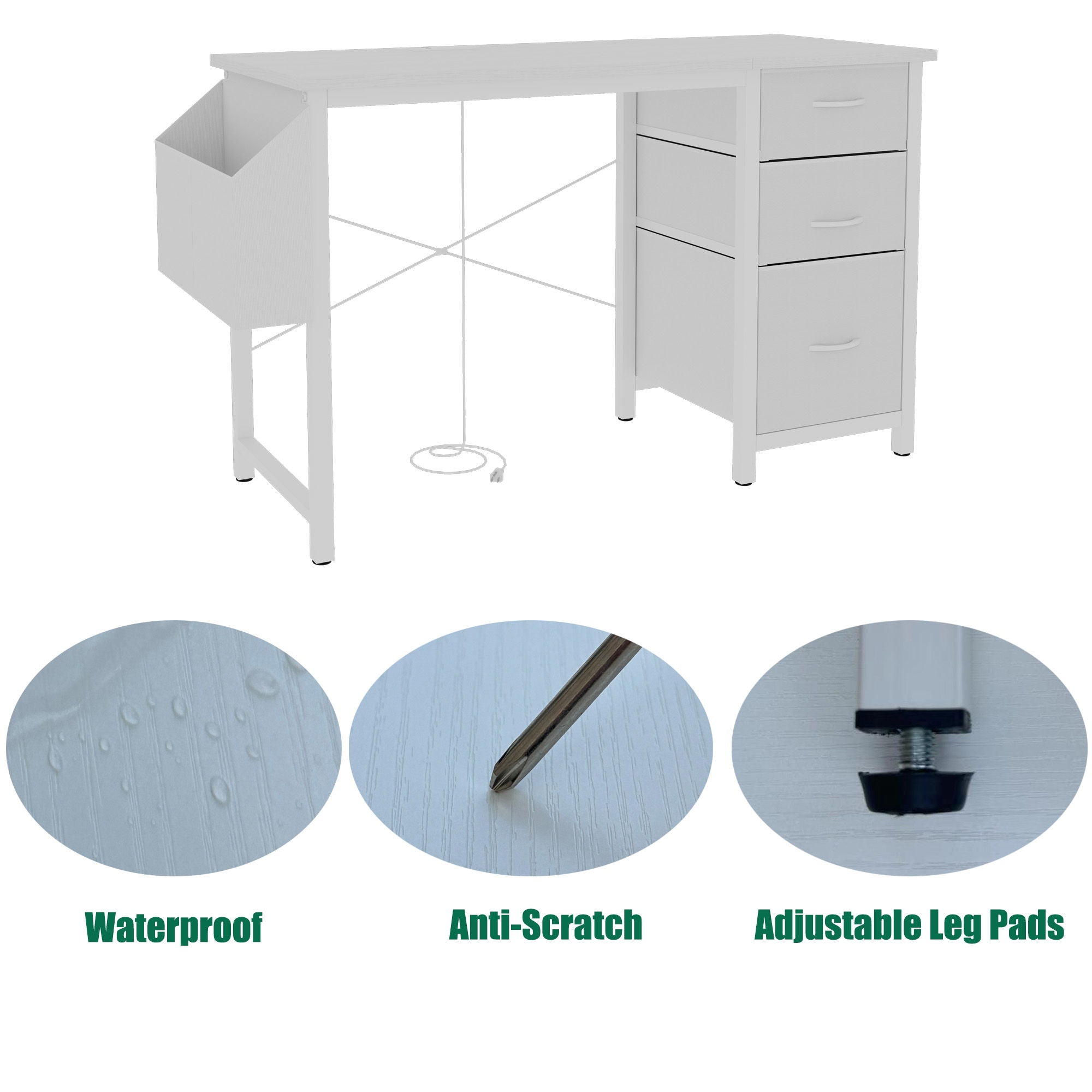 Office Desk With Power Outlet, 3 Drawers And Side Pocket For Office - White by HouseOfZazla