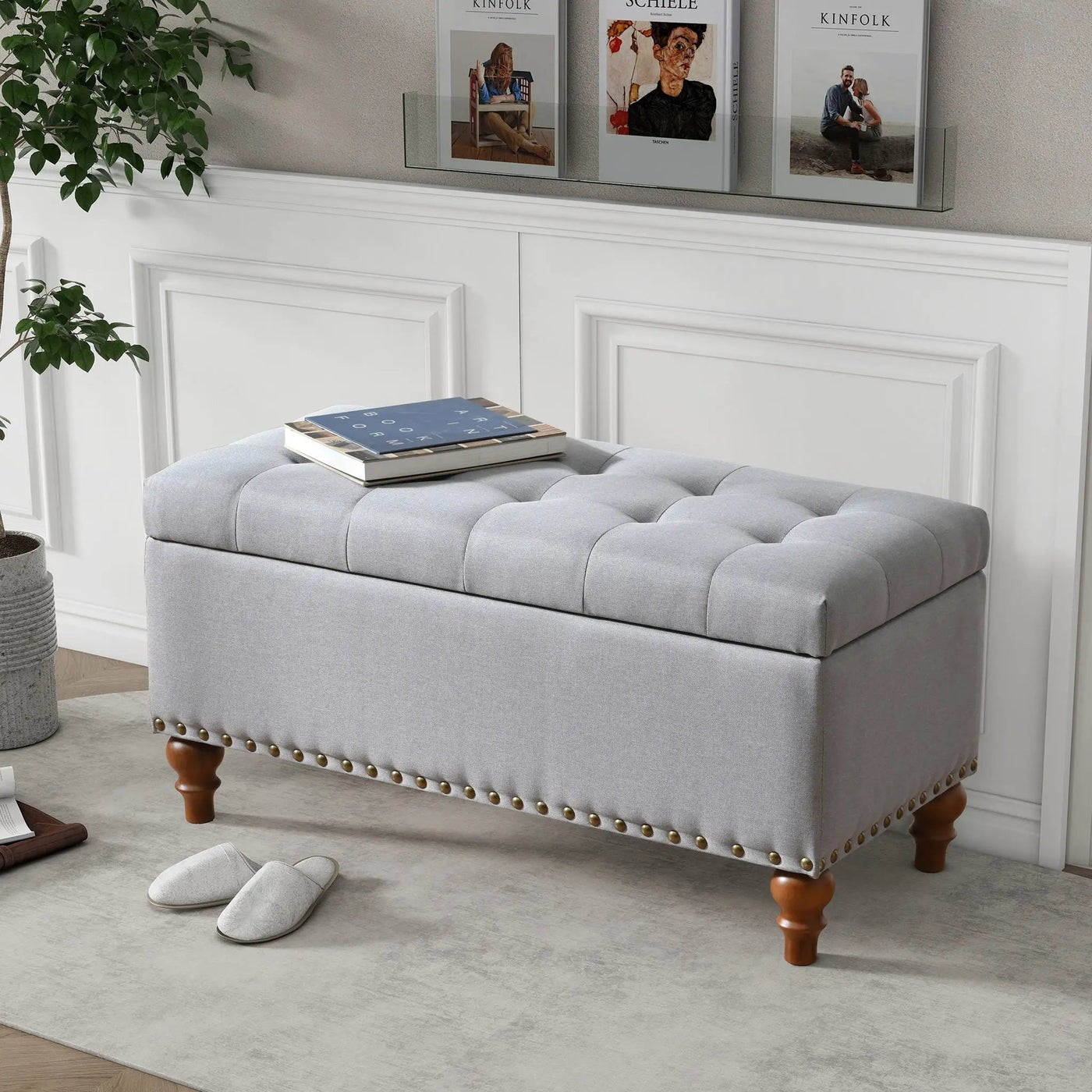 Upholstered Ottoman With Storage And Rivet Trim by HouseOfZazla