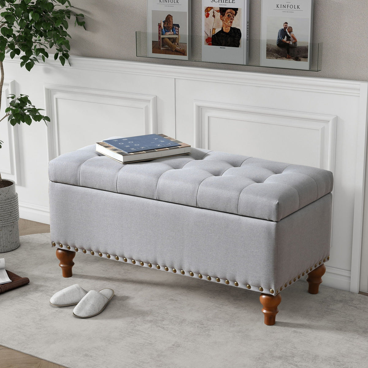 Upholstered Ottoman with Storage and Rivet Trim - Fabric, Beige or Gray, photo 5 of 8