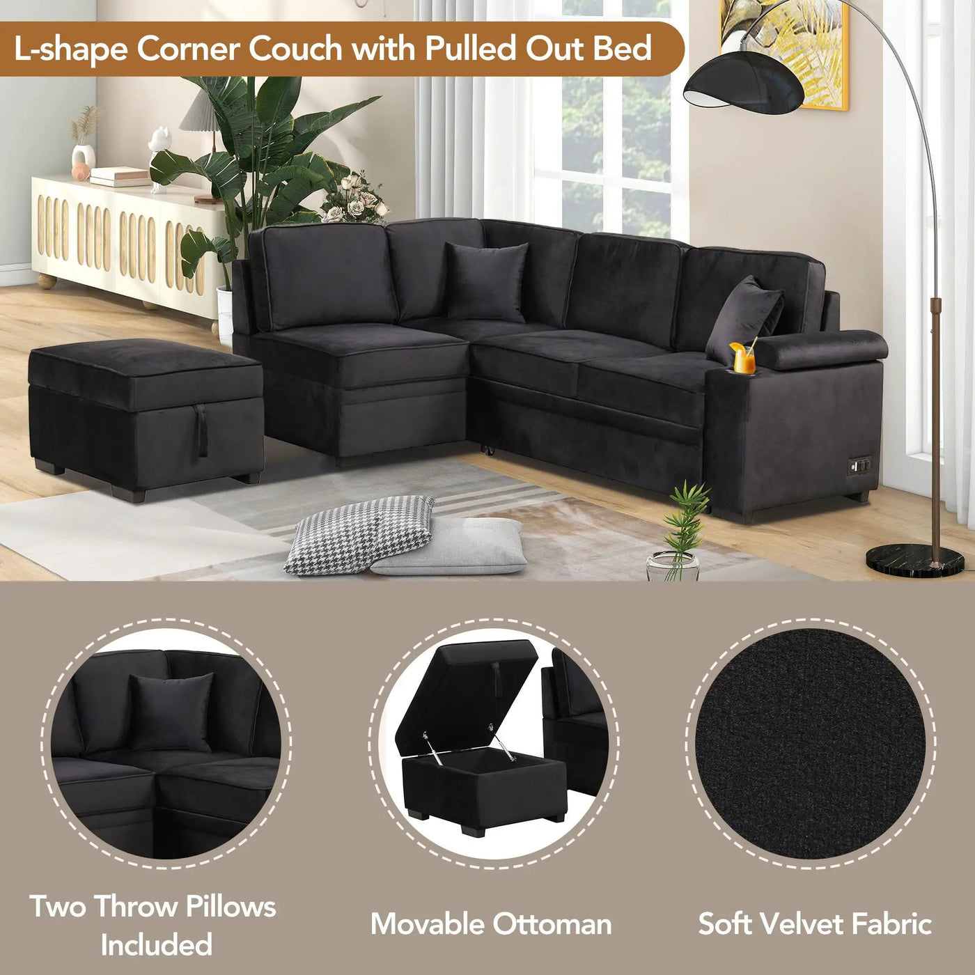 Sleeper Sofa Bed, 2 In 1 Pull Out Sofa Bed L Shape Couch With Storage Ottoman For Living Room, Bedroom Couch And Small Apartment by Unique Piece Furniture