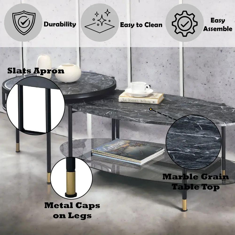 Silas - Nesting Coffee Table Set - Faux Marble Top & Black by Unique Piece Furniture