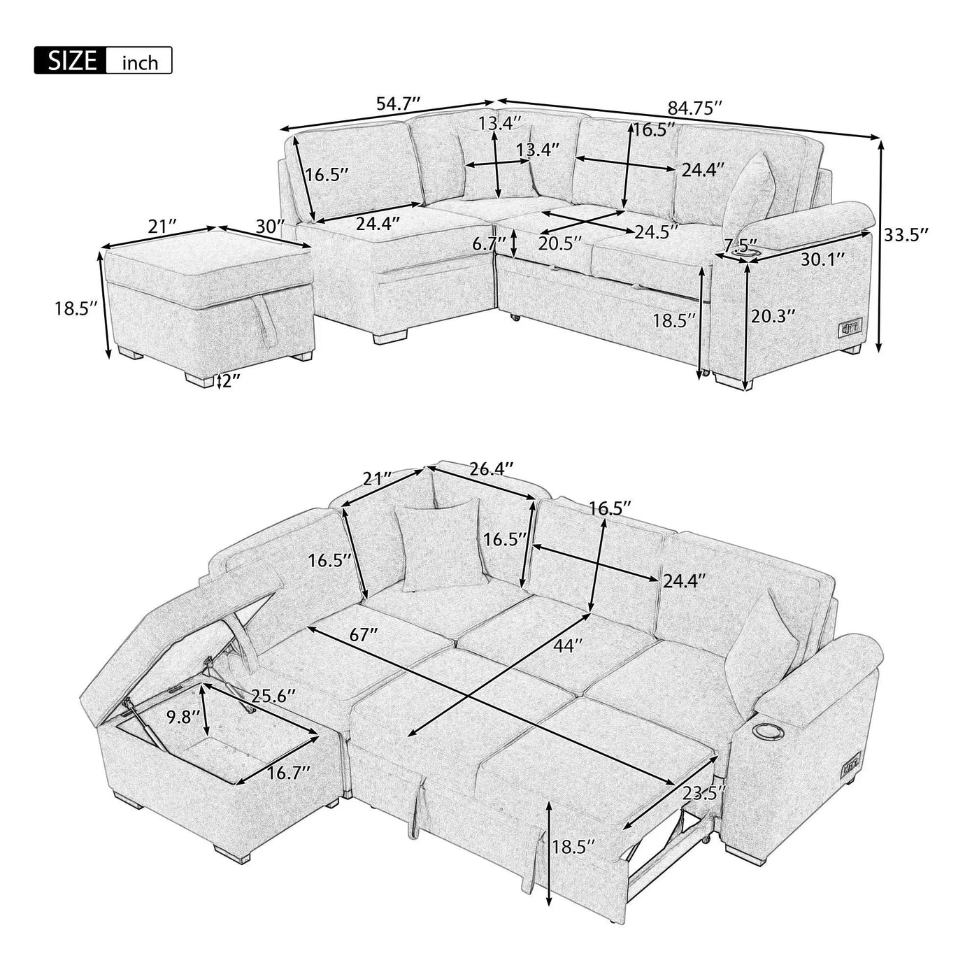 Sleeper Sofa Bed, 2 In 1 Pull Out Sofa Bed L Shape Couch With Storage Ottoman For Living Room, Bedroom Couch And Small Apartment by Unique Piece Furniture