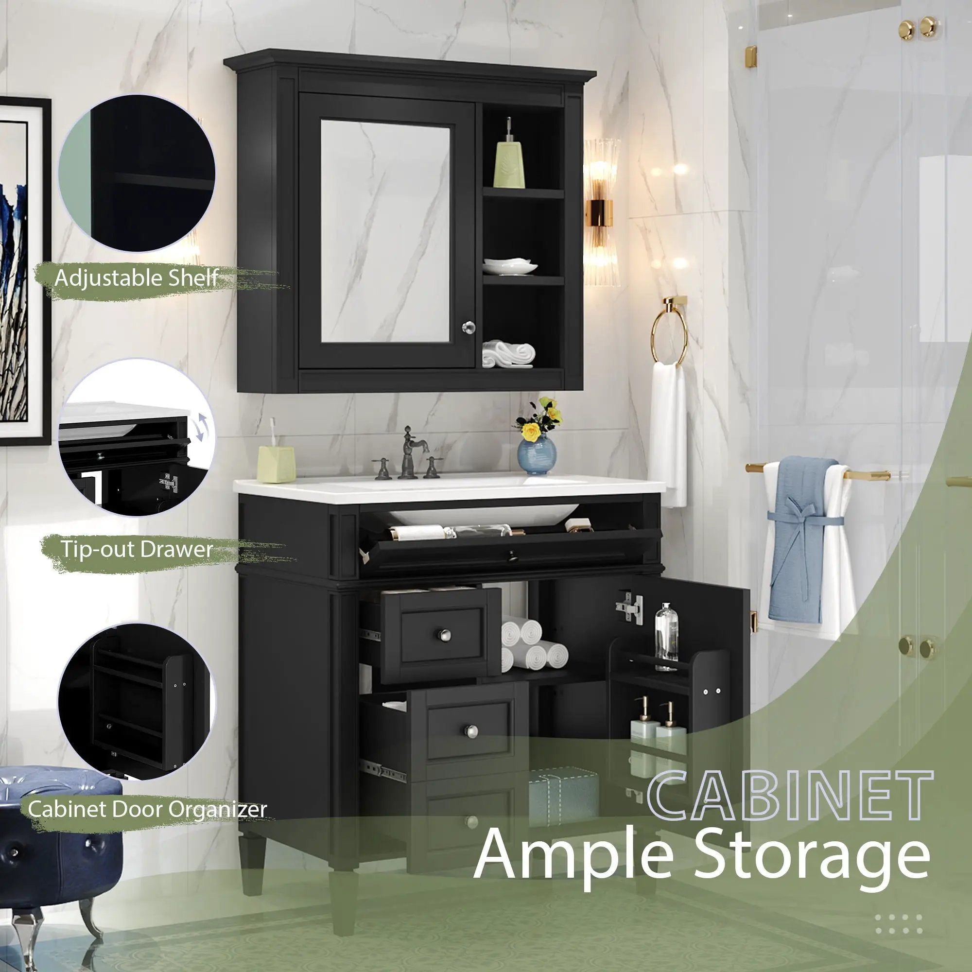Bathroom Vanity With Medicine Cabinet, Royal Mirror Cabinet, Modern Bathroom Storage Cabinet With 2 Soft Closing Doors And 4 Drawers by HouseOfZazla