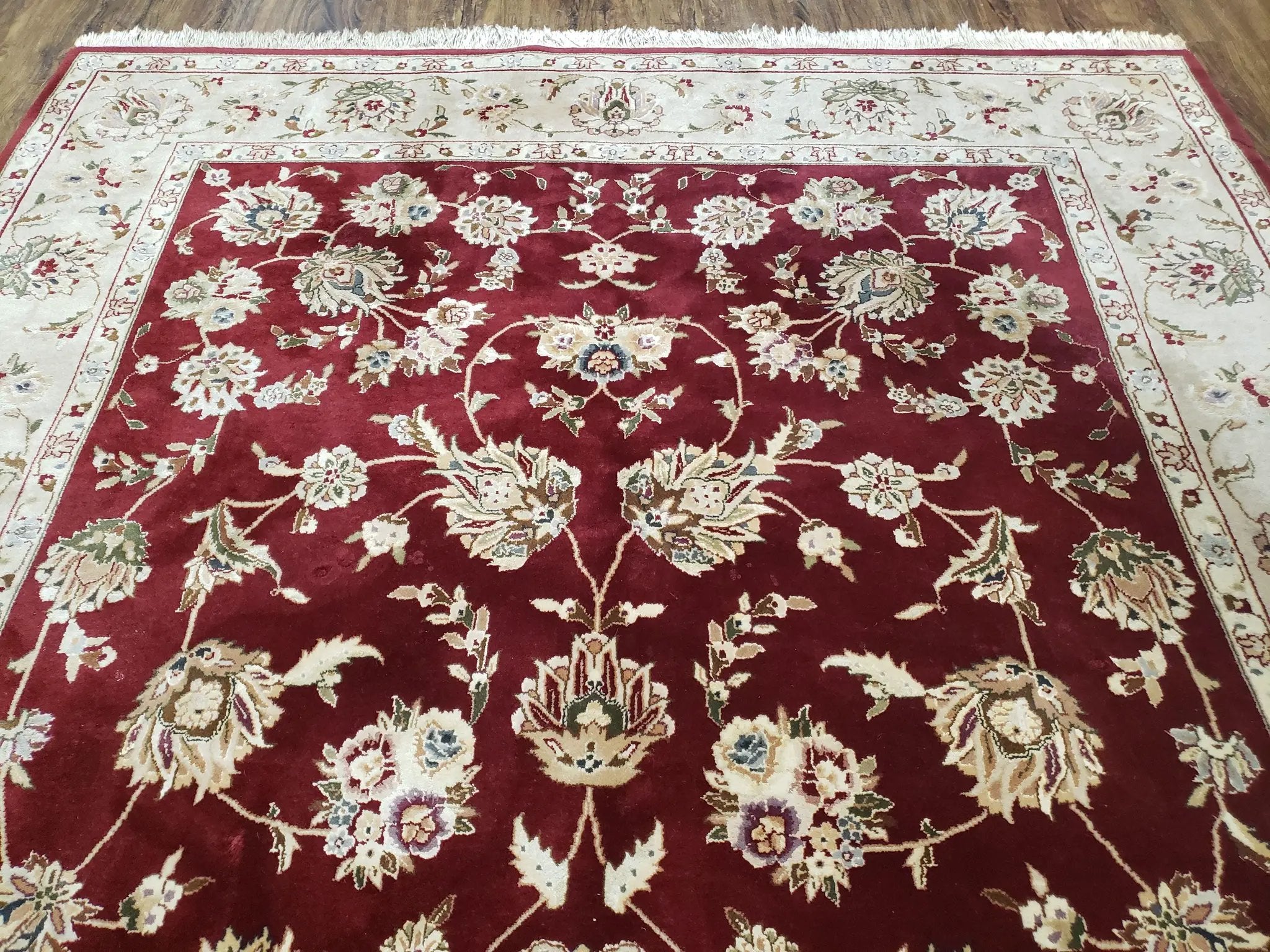 Vintage Traditional Oriental Area Rug, Hand-Knotted, Wool & Silk Accents, Maroon Red and Beige, 6x9 Carpet, 5' 9" x 9' by Jewel Rugs