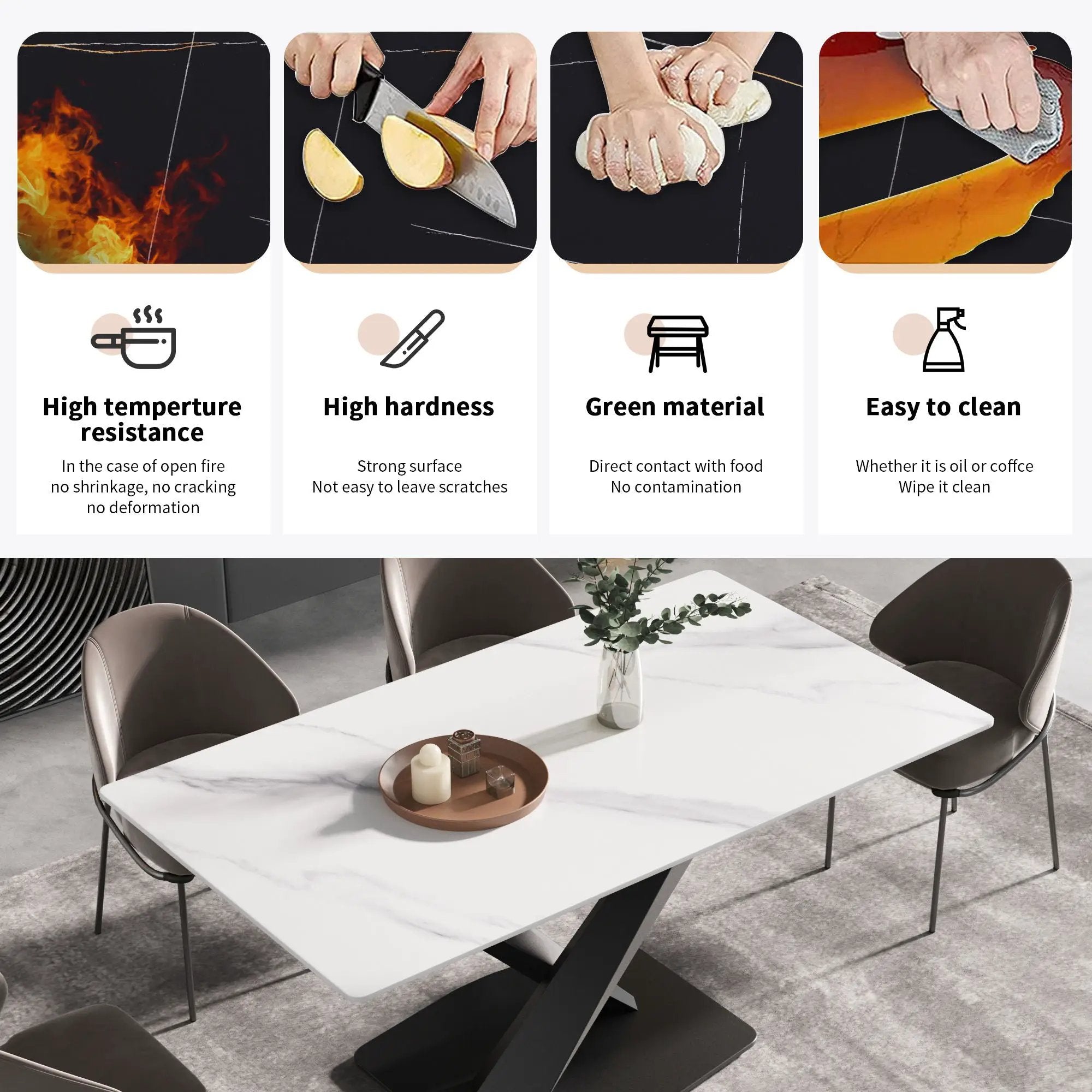 Modern Artificial Stone Straight Edge Metal X Leg Dining Table, 6 People by HouseOfZazla