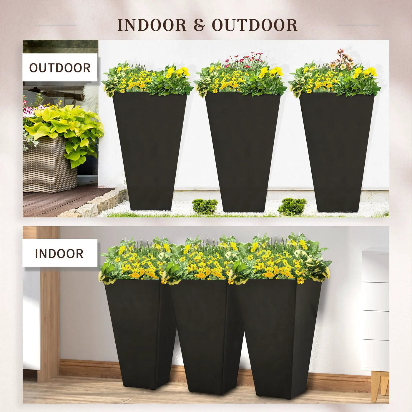 Outsunny - Outdoor Planters (Set of 3) Large Taper Planters With Drainage Holes And Plug, Faux Wood Plastic Flower Pots For Outdoor, Indoor, Garden, Patio by HouseOfZazla