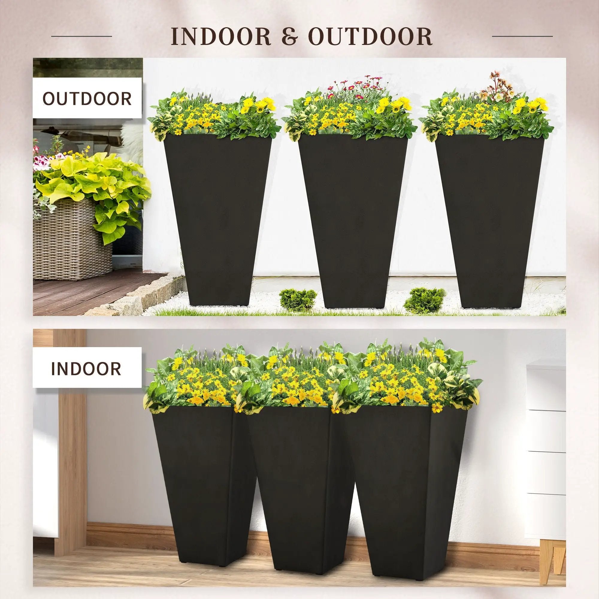Outsunny - Outdoor Planters (Set of 3) Large Taper Planters With Drainage Holes And Plug, Faux Wood Plastic Flower Pots For Outdoor, Indoor, Garden, Patio by Unique Piece Furniture
